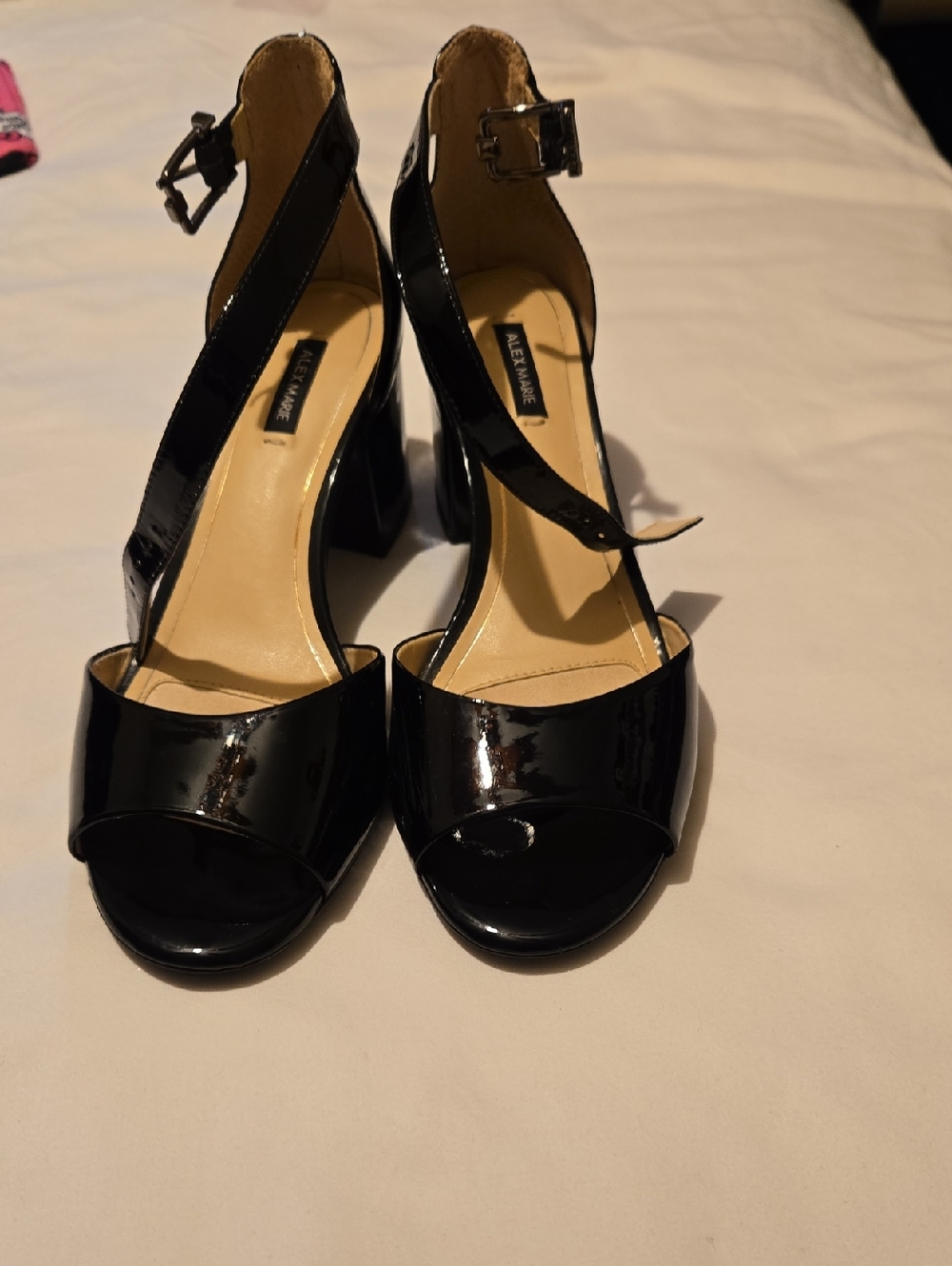 Alex Marie Black Patent Open-Toe Ankle Strap Block Heels